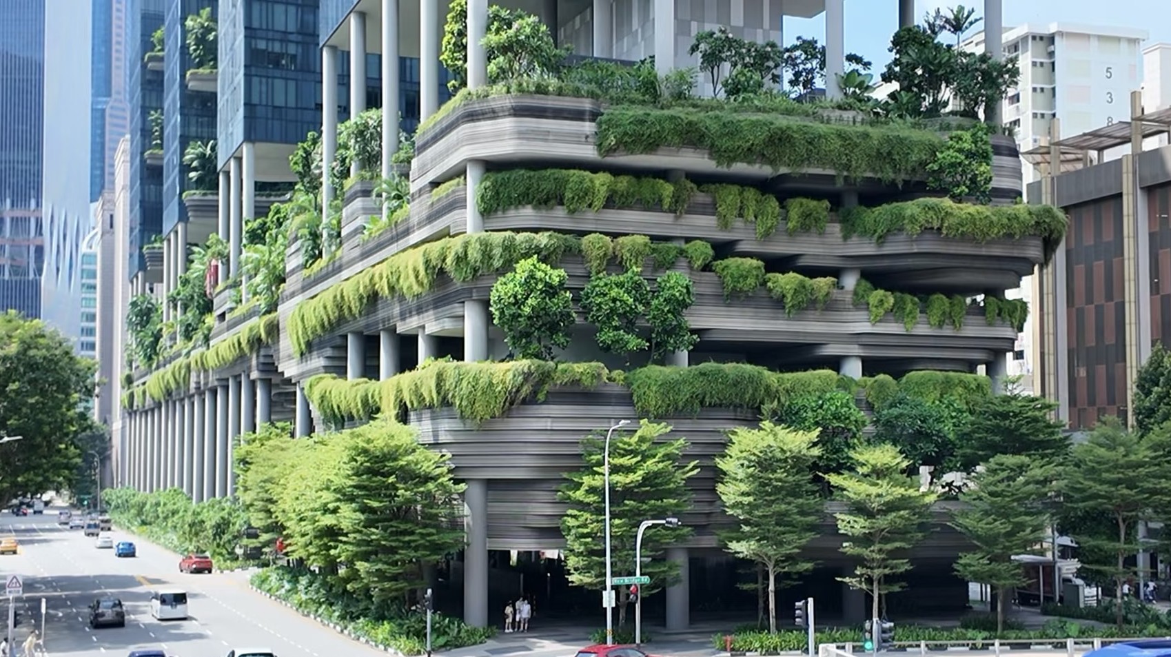 Vertical greenery integrated into a modern Singapore building