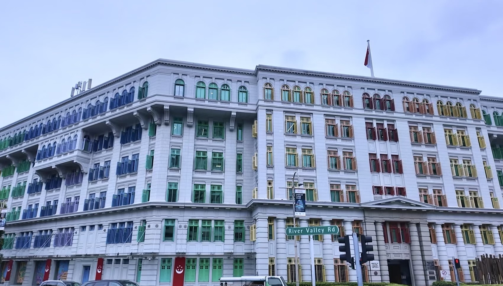 Historic facade with colorful shutters in Singapore